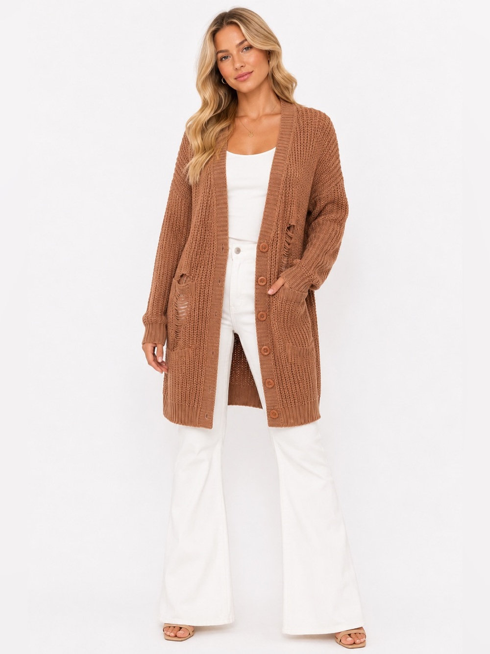 POL Size Small Oversized Cozy Distressed Long Cardigan Sweater - Brown